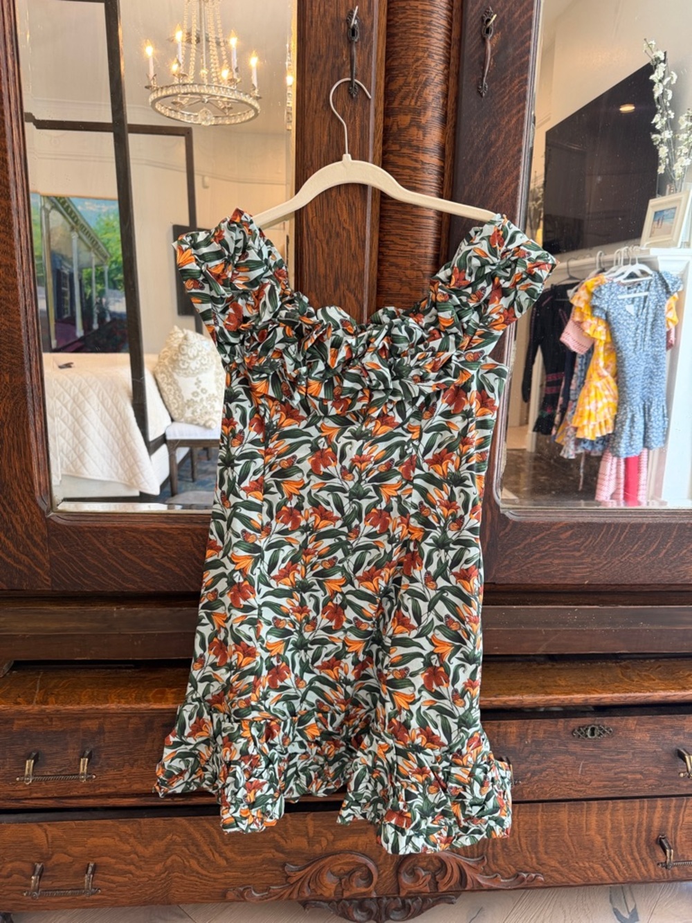 Agua by Agua Bendita Green and Orange Floral Ruffled Mini Dress